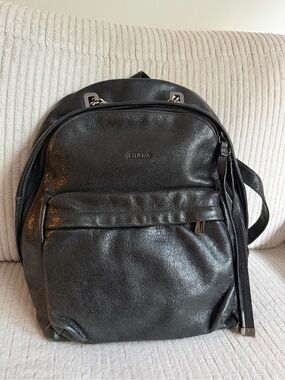 Furla Black Pebbled Leather Backpack with Front Zip Pocket
